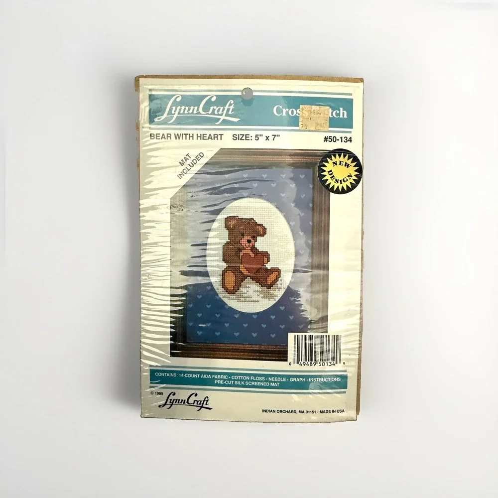 LynnCraft Bear With Heart Teddy Bear Cross Stitch Kit 5x7 With Mat MPN 50-134